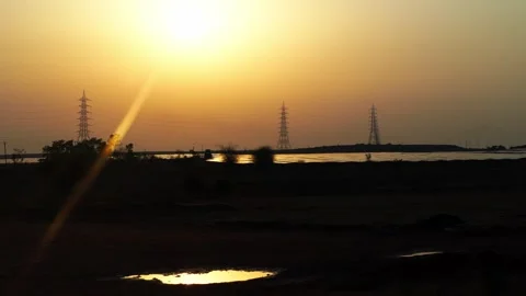 Cinematic Drone Left Pan Over Solar Farm During Golden Sunset Stock Footage 339186786