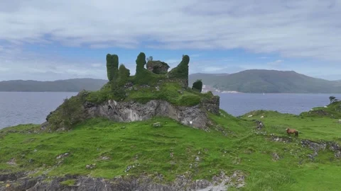 Cinematic Drone Orbit of Ancient Castle Coeffin | Lismore Island Scotland Stock Footage 331312074