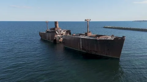 Cinematic Drone Orbit Around Evangelia Shipwreck at Costinesti Romania Black Stock Footage 335437353