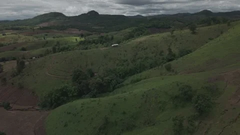 Cinematic Drone Over Deep Green Valley With Winding River Gully, Crops and .. Stock Footage 337532308