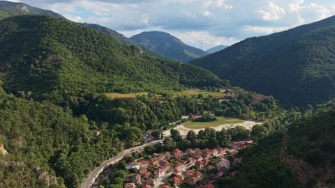 Cinematic drone pull-out over Bachkovo village Bulgaria 스톡 동영상 344762007