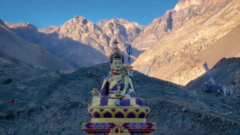 Cinematic Drone Pullback of Giant Guru Rinpoche Statue in Spiti Desert Video stock 333061406