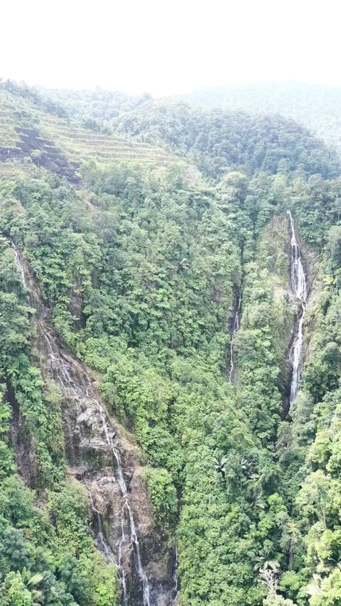Cinematic Drone Push In of Two Beautiful Waterfalls in Tropical Forest Stock Footage 341314057