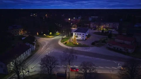 Cinematic Drone Retreat Above Rucava Center With Christmas Tree at Dusk Stock Footage 337931053