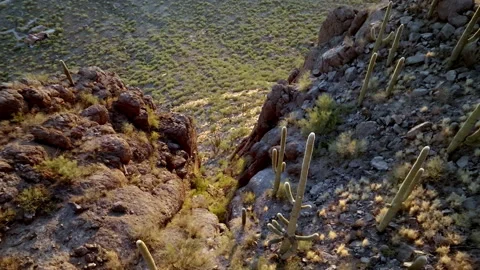 Cinematic drone shot dropping through the rocky peaks of desert mountains Stock Footage 221434102