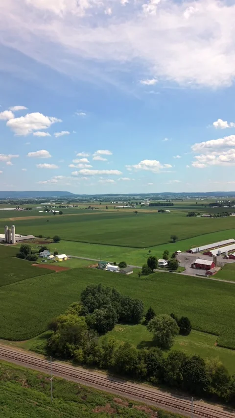 Cinematic drone shot flying over open green fields, lush countryside Vidéo 344955712