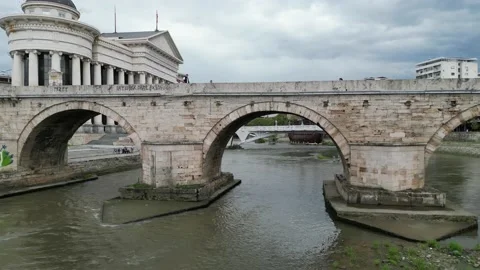 Cinematic Drone Shot, Going on River Under the Bridge, Pigeons Flying Stock Footage 214311888