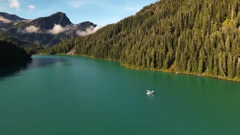 Cinematic Drone Shot of Seaplane on Pristine Sunshine Coast Mountain Lake Stock Footage 342583356