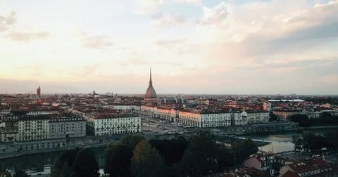 A cinematic drone sunset on Piazza Vittorio in Turin Stock Footage
