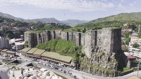 Cinematic Drone View of Bitlis City Center with Historic Stone Buildings and  Stock Footage 340238181