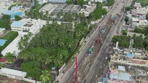 Cinematic drone view of bridge construction in a Indian metro. Stock Footage 201914960