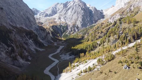 Cinematic Drone View of Dolomites Alpine Valley During Fall Stock Footage 327212078