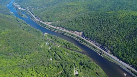 Cinematic Drone View of the Matapedia River and Scenic Route 132 in Quebec Stock Footage 341826300