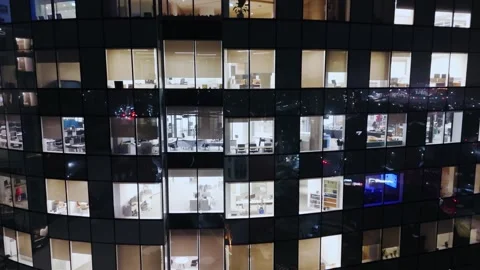 Cinematic drone view night Windows of the Skyscraper office, Corporate building Stock Footage 268234115