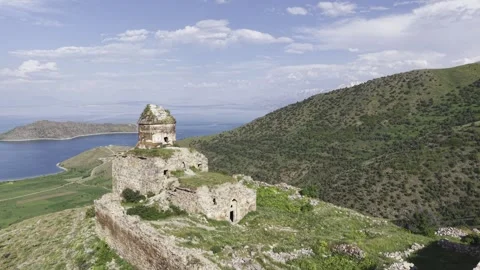 Cinematic Drone View of Saint Thomas Church in Bitlis, Turkiye  Historic Arme Stock Footage 340236724