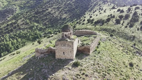 Cinematic Drone View of Saint Thomas Church in Bitlis, Turkiye  Historic Arme Stock Footage 340238275