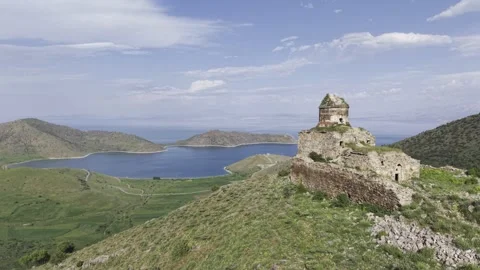 Cinematic Drone View of Saint Thomas Church in Bitlis, Turkiye  Historic Arme Stock Footage 340238289