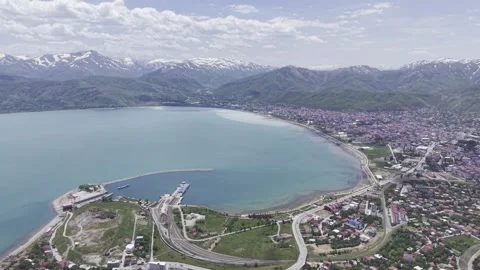 Cinematic Drone View of Tatvan City Center and Lake Van Shore in Bitlis, Turk Stock Footage 340237471