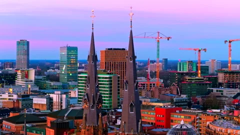 Cinematic Eindhoven Cityscape 4K Drone Colorful Twilight Sky Netherlands Vidéo 334399605