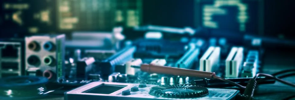 Cinematic electronic engineering background. IT diagnostics and circuit board Stock Photos