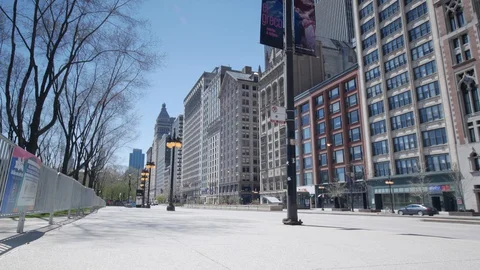 Cinematic Empty Streets of Downtown Chicago During the COVID-19 Pandemic Stock Footage 128921353