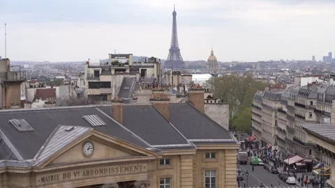 Cinematic Establishing Panoramic View of Paris Eiffel Tower and Rooftop at Stock Footage 259864034