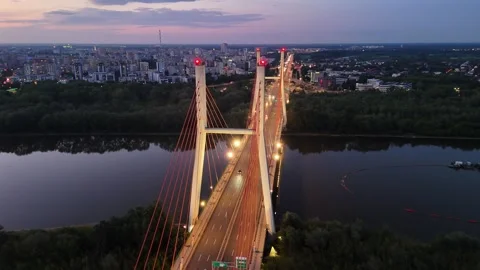 Cinematic evening flight: Siekierkowski Bridge, Warsaw, Poland Stock Footage 333476059