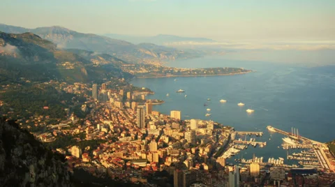 Cinematic evening time lapse of Monaco with panning camera, Monte Carlo Stock Footage 38242587