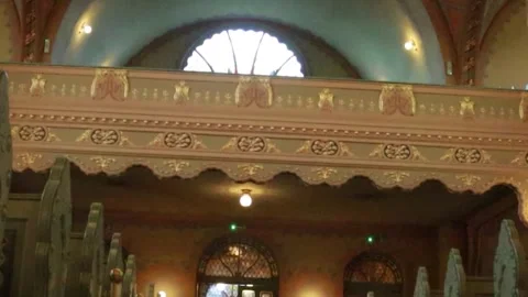 Cinematic Extreme Low Angle Shot of Pillar and Balcony in Synagogue Stock Footage 331136900