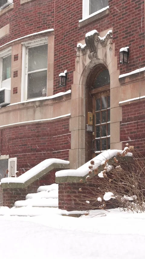 Cinematic Falling Snow in Front of Old Apartment Building at Daytime Stock Footage 327768602