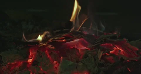 Cinematic Fire Flames and Burning Charcoal in 4K Slow Motion Stock Footage 330072935