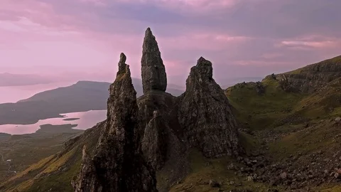 Cinematic flight over the Old Man Of Stor in autumn - Isle of Skye, Scotland Stock Footage 98485501