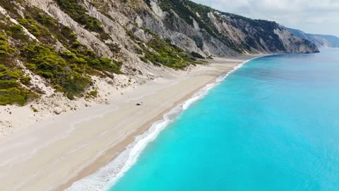 Cinematic Flight Over a Pristine Beach and Turquoise Waters of Lefkada, Greece Stock Footage 346223371