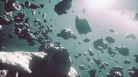 Cinematic flight through dark deep space asteroid field with stars Vidéo 237609224
