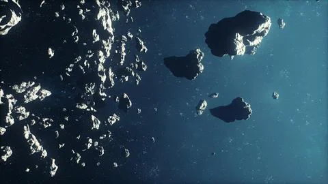 Cinematic flight through dark deep space asteroid field with stars Stock Illustration