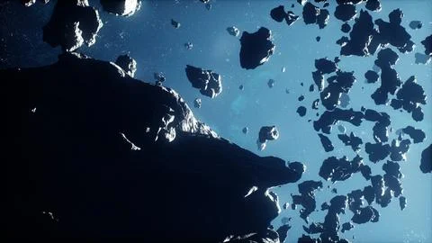 Cinematic flight through dark deep space asteroid field with stars Stock Illustration