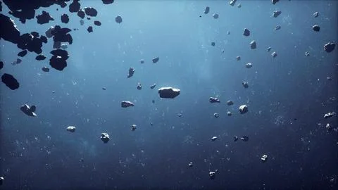 Cinematic flight through dark deep space asteroid field with stars Stock Illustration