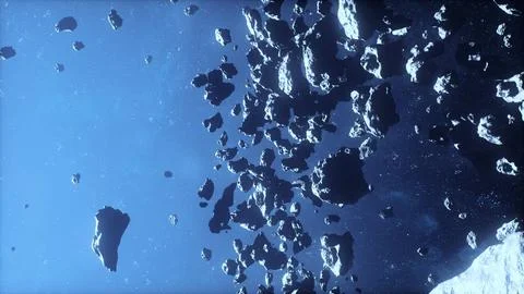 Cinematic flight through dark deep space asteroid field with stars Stock Illustration