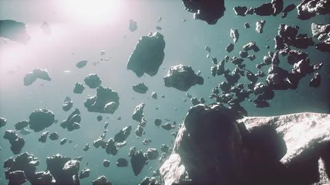 Cinematic flight through dark deep space asteroid field with stars Stock Illustration