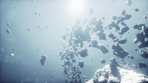 Cinematic flight through dark deep space asteroid field with stars Stock Illustration