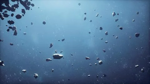 Cinematic flight through dark deep space asteroid field with stars Stock Illustration