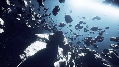 Cinematic flight through dark deep space asteroid field with stars Stock Illustration