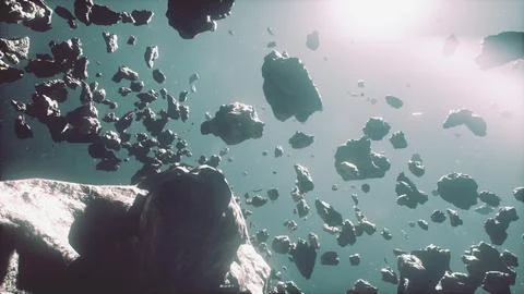 Cinematic flight through dark deep space asteroid field with stars Stock Illustration