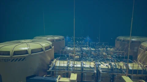 Cinematic Fly Through Deep Sea Research Station with Fish and Industrial Modules Stock Footage 341846753