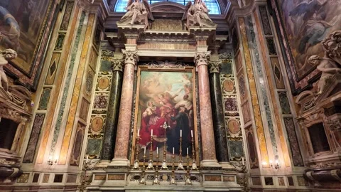 Cinematic footage of a baroque side altar in Sant'Andrea della Valle church Stock Footage 338010331