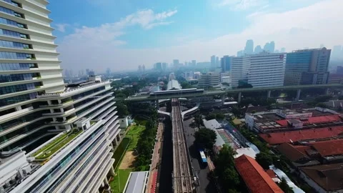 Cinematic FPV Drone Flight Over City Road Green Trees Jakarta Stock Footage 340827129