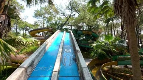 Cinematic FPV Drone Flight Through Abandoned Water Slides in Hue, Vietnam Stock Footage 331427802