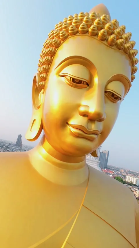 Cinematic FPV drone fly around giant golden Buddha at Wat Paknam temple Bangkok Stock Footage 344089095