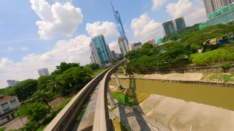 Cinematic FPV flight over elevated rail track in downtown Kuala Lumpur, Malaysia Stock Footage 282247844
