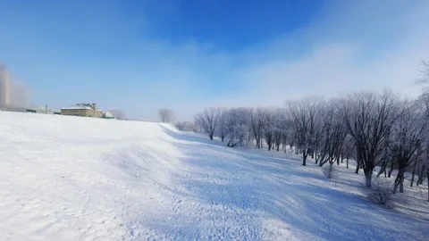 Cinematic FPV Flight Over Snowy Park Path — Winter Landscape Stock Footage 323247813